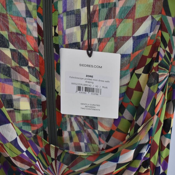 Zoni Kaleidoscope Print Mini Dress – Draped Bust & Flowy Skirt, Size 40 - Picture 3 of 3